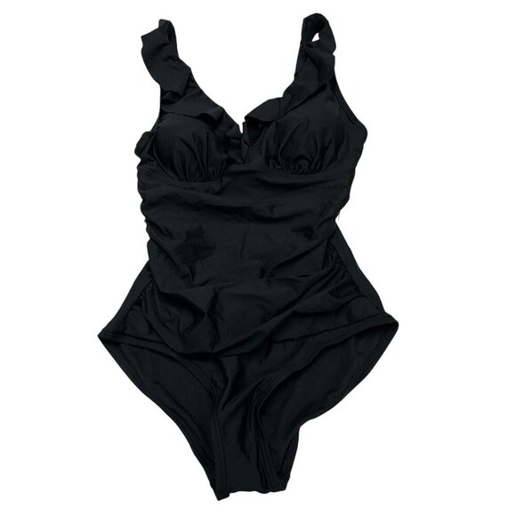 DKNY One Piece Swimsuit Womens S Ruffle Plunge Black‎ Ruched Waist - Picture 1 of 5